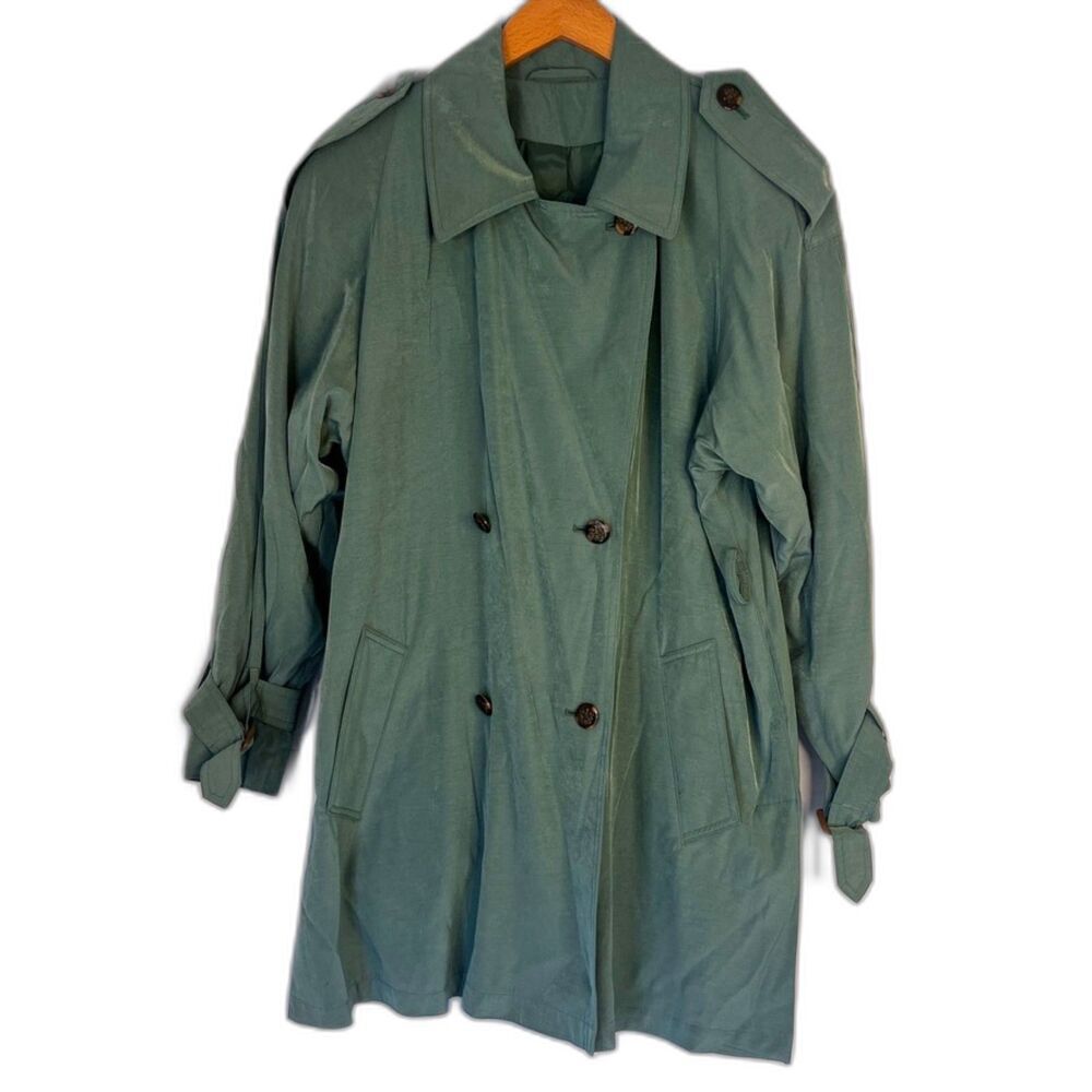 Gallery Shiny‎ Green Double Breasted Belted Short Trench Coat Size Medium